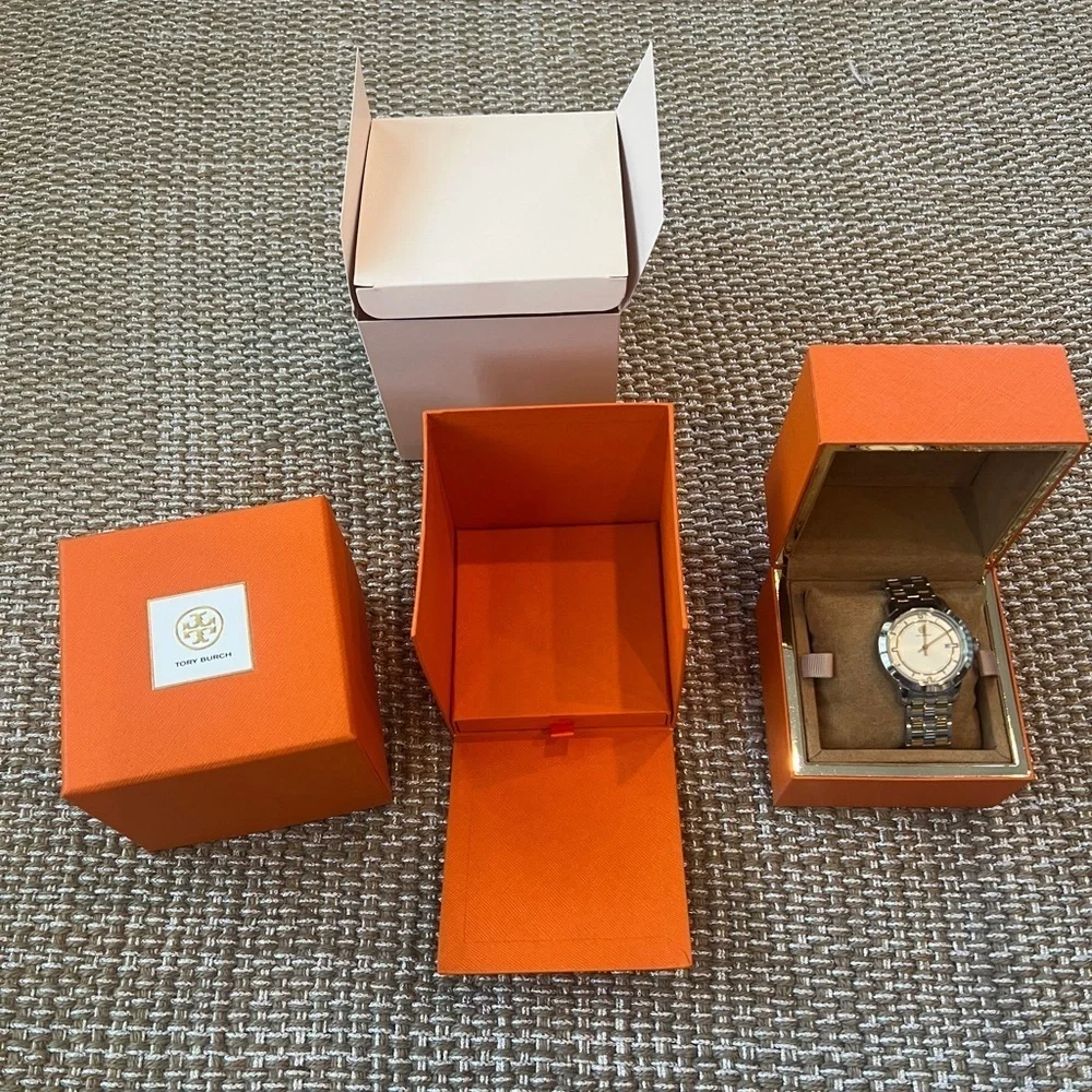 Tory Burch cream dial two tone date steel quartz women’s watch jewelry TRB1014